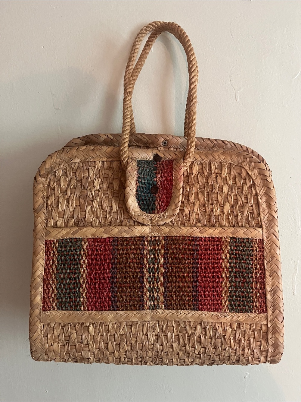 Vintage Woven Straw Tote Bag with Red & Green Accents